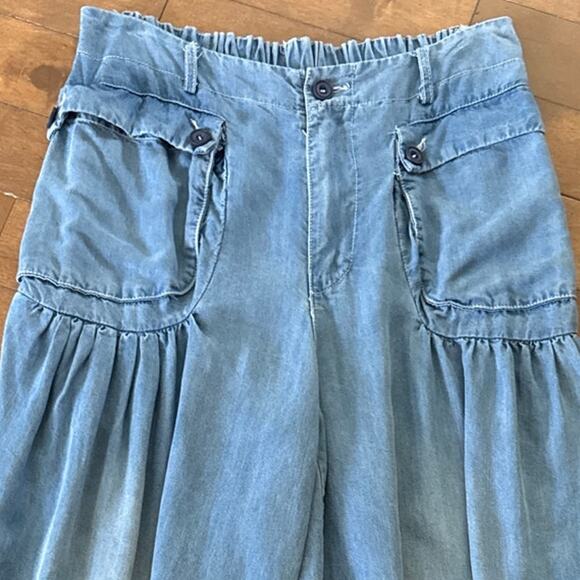 Oli & Hali Pants Large Wide Leg ankle ties Chambray Tencel waist 30" medium - Picture 13 of 15